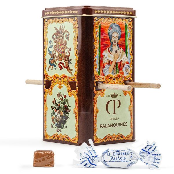 Palanquines: bombones de praliné de avellana en lata metálica decorativa
