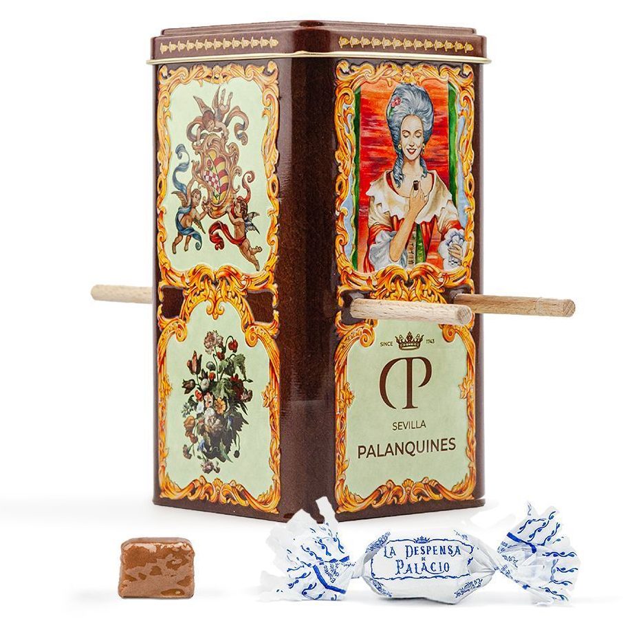 Palanquines: bombones de praliné de avellana en lata metálica decorativa